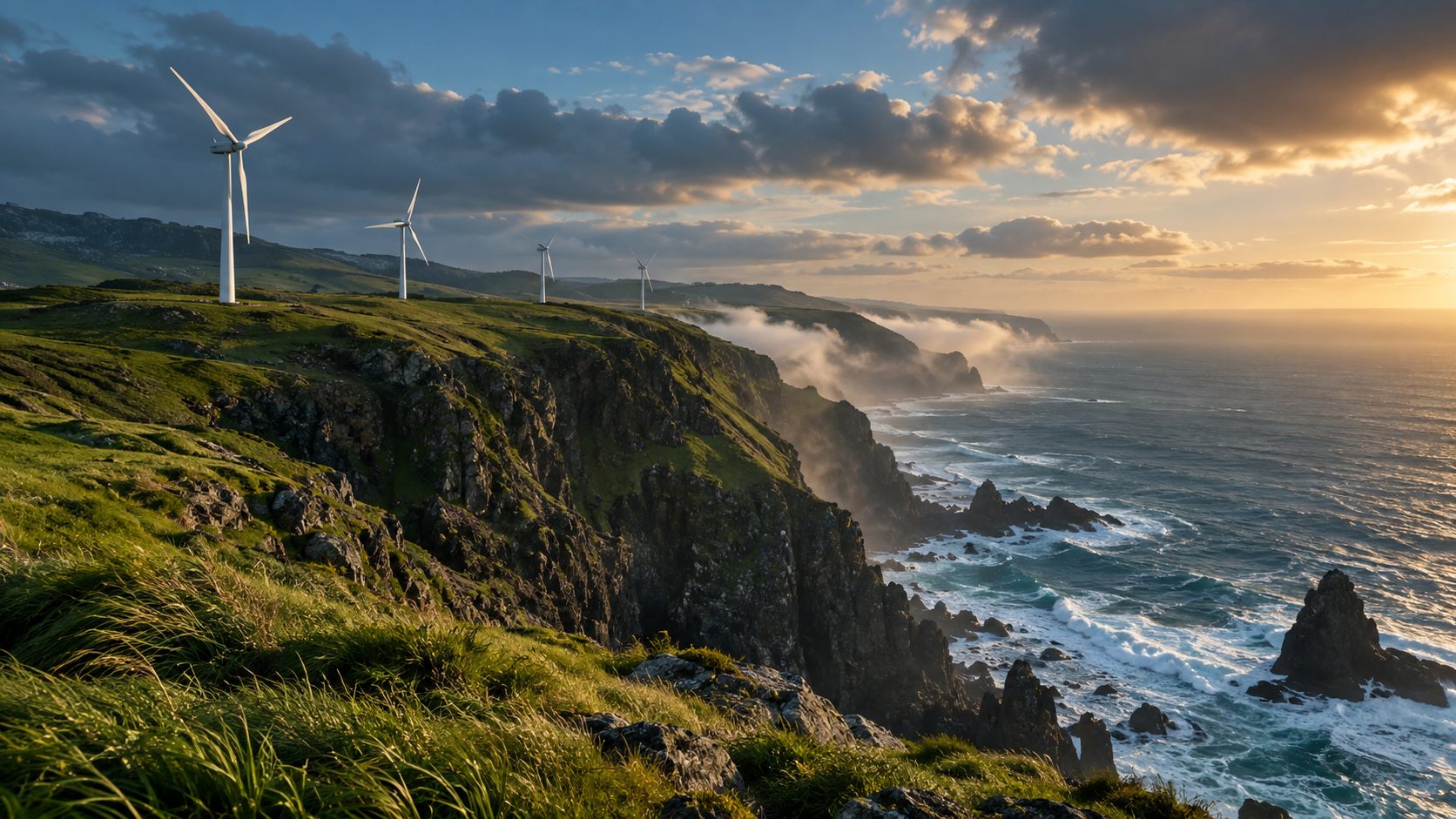 Wind turbines along a green coastal cliff at sunrise above the ocean — this is real green energy